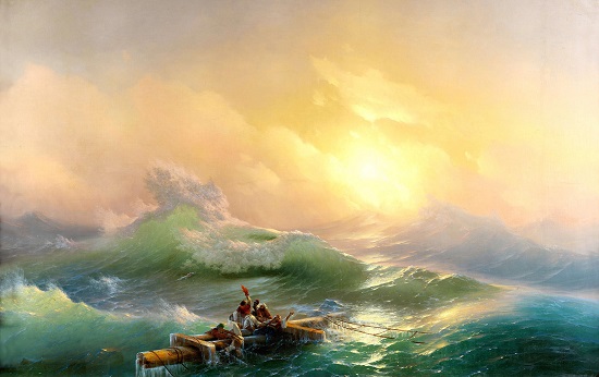 Tableau d'Ivan AÏvazovsky, La neuvième vague, 1850 : un radeau perdu en mer - Petites nouvelles russes - Les voiles écarlates - Grine -